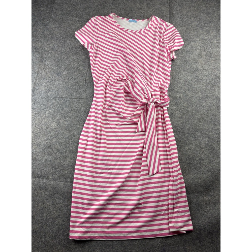 J. McLaughlin Women's L Elora Pink White Stripe Knee Length Dress Vacay Resort